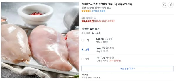 케이원푸드 냉동 닭가슴살 2kg