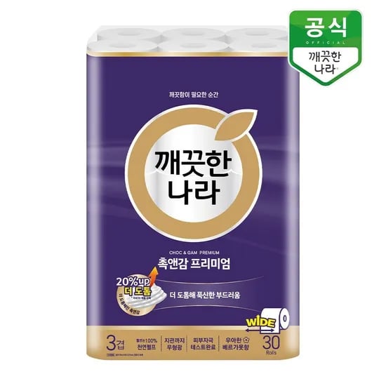 깨끗한나라 촉앤감 프리미엄 3겹 화장지 30m 30롤