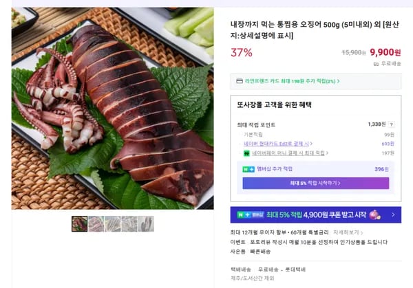 내장까지 먹는 통찜용 오징어 500g