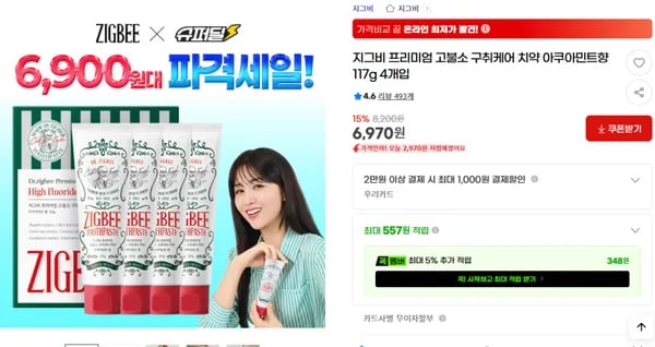 지그비 고불소 구취케어 치약 아쿠아민트향 117g 4개입