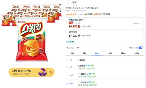 오리온 스윙칩 볶음고추장맛, 60g, 20개 (16,650원) (무료)