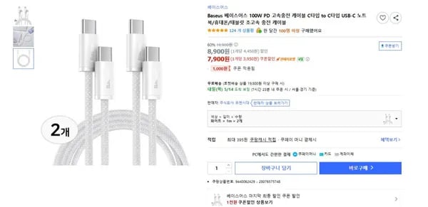 Baseus 100W PD C타입 to C타입 케이블 2개