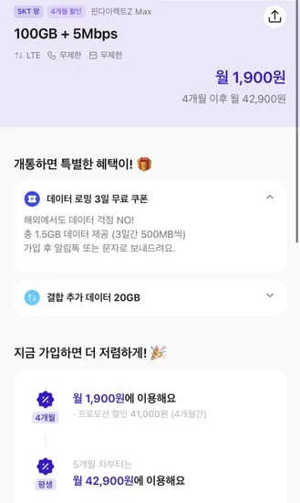핀다이렉트Z SK망 100GB+5Mbps 외 다양 1개