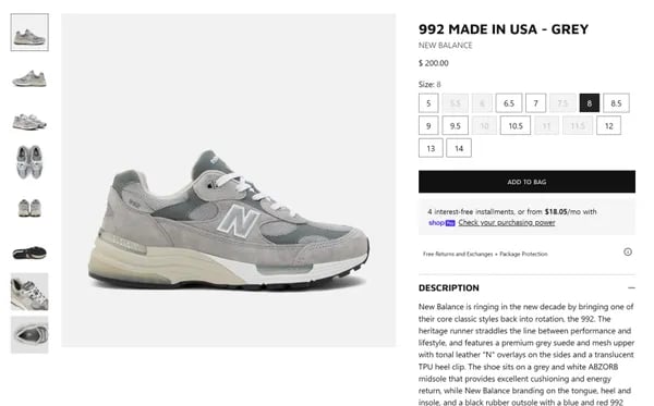 뉴발란스 992 그레이 $160