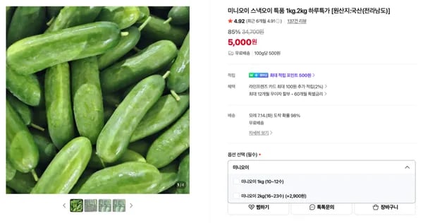 미니오이 스낵오이 특품 1kg 5,000원 (무배)
