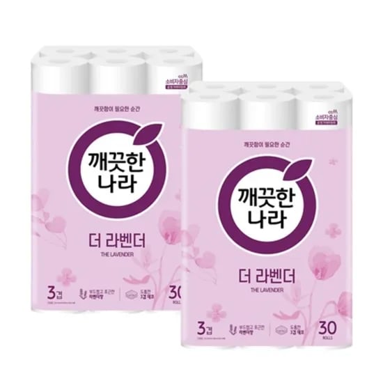 깨끗한나라 3겹 데코엠보 더 라벤더 25m 30롤 2팩
