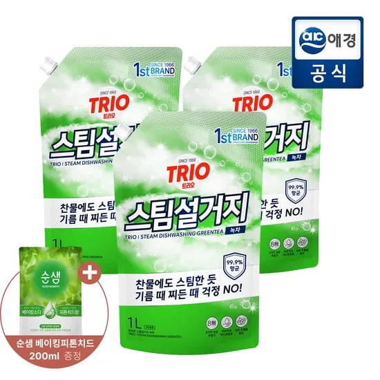 트리오 녹차 주방세제 1L 3개+순샘 주방세제 200ml