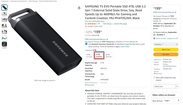 Samsung T5 EVO portable SSD 4TB (QLC, USB3.2) [직구] 약 26만