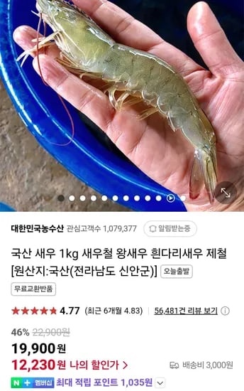 국내산 흰다리새우 1kg 27미