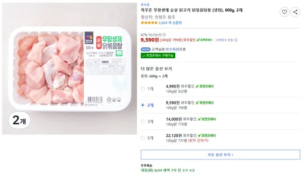 목우촌 무항생제 순살 닭볶음탕용 닭고기 600g 2개
