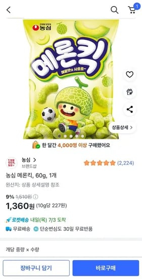 농심 메론킥 60g 1개
