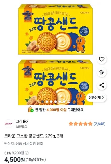 크라운 고소한 땅콩샌드, 279g, 2개