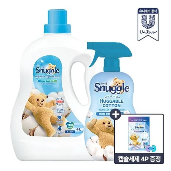 스너글 허거블 코튼/허거블 선샤인 섬유유연제 4L + 리뉴얼 탈취제 470ml + 캡슐세제 4개입