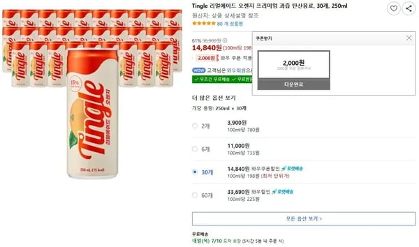 팅글 리얼에이드 오렌지 프리미엄 과즙 탄산음료, 30개, 250ml