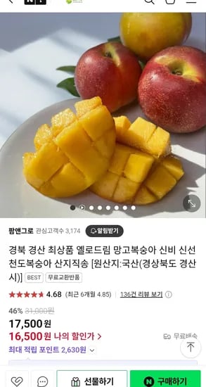 옐로드림 망고복숭아 소과 2kg + 300g