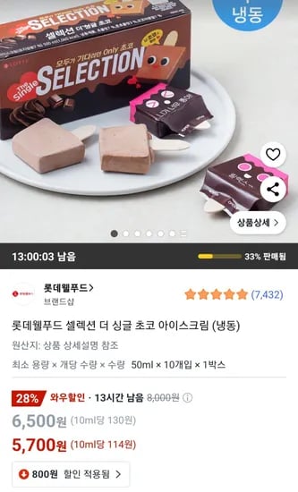 롯데웰푸드 셀렉션 더 싱글 초코 아이스크림 (냉동)