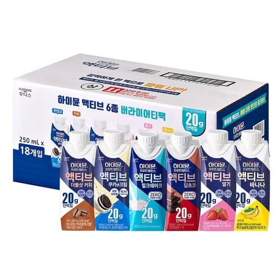 하이뮨 액티브 버라이어티팩 밀크쉐이크 딥초코 쿠키앤크림 더블샷커피 바나나 딸기 6종 각 3팩씩 총 18팩