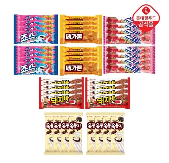 롯데웰푸드 죠스바 8개 스크류바 8개 옥동자 70ml 8개 메가톤바 70ml 8개 돼지바 70ml 8개 총 40개
