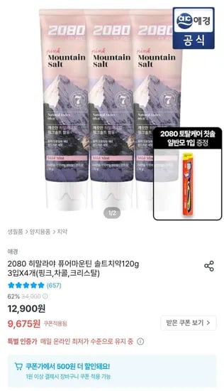 2080 히말라야 퓨어마운틴 솔트치약 120g 12개