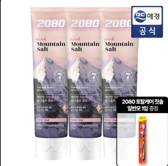 2080 히말라야 퓨어마운틴 솔트치약 120g 3개입 4개 토탈케어 칫솔 1개