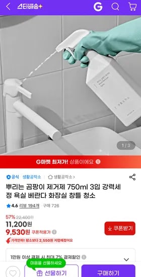 생활공작소 뿌리는 곰팡이 제거제 750ml 3개입