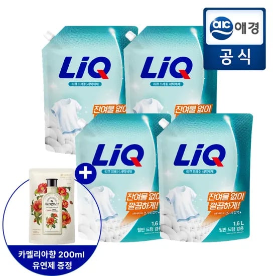 리큐 프레시 일반/드럼 겸용 세탁세제 1.6L 4개 섬유유연제 카멜리아향 200ml
