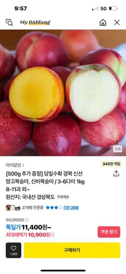 톡딜) 당일수확 신선 망고복숭아, 신비복숭아 1kg+500g추가증정 8-11과 10900원