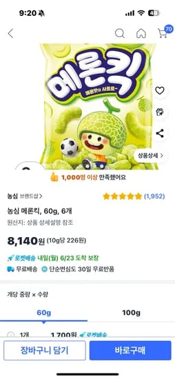 쿠팡) 메론킥 60g 6개 8140원