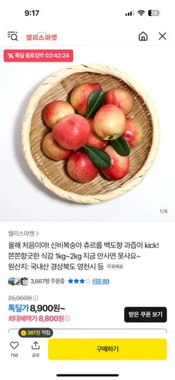 톡딜) 신비복숭아 1kg 8,800원 무료배송