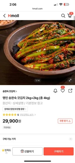 h몰)80%쿠폰) 갓김치 4kg 5980원