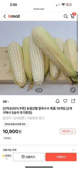 h몰) (50%쿠폰) 찰옥수수 10개 5450원!!!