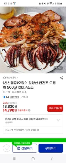 지마켓)원양산 반건조 오징어 500g(10미)/소 14,790원 무배