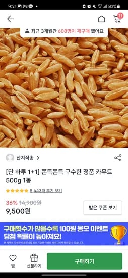 팔도감+페이코) 쫀뜩한식감! 카무트 500g 1+1 8693원(무배)