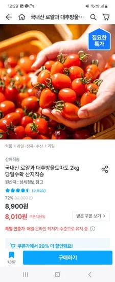 오늘의집) 국내산 로얄과 대추방울토마토 2kg 6,408원 핫딜!