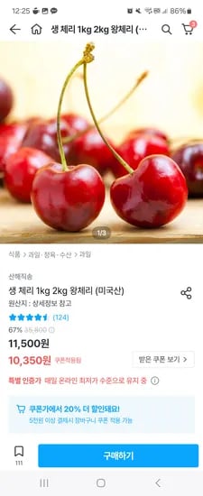 오늘의집)생 체리 1kg(중 )14,110원 외