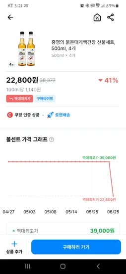 쿠팡)) 홍영의 붉은대게백간장 선물세트, 500ml, 4개 22,800원 (1병당 5,700원)