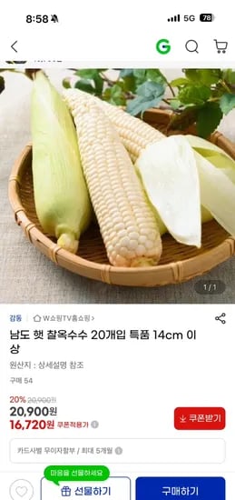 지마켓) 남도 햇 찰옥수수 20개입 특품 14cm 이상 16720원