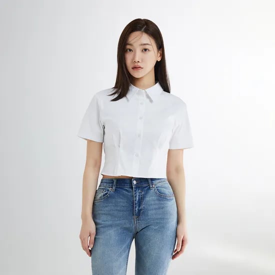 실사유/네이버)스파오 핀턱 크롭 반팔셔츠 12,910원