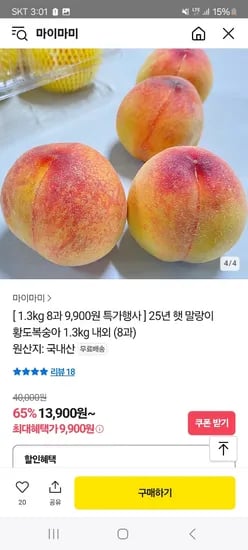 카카오) 25년 황도복숭아 1.3kg 8과 9,900원 무배