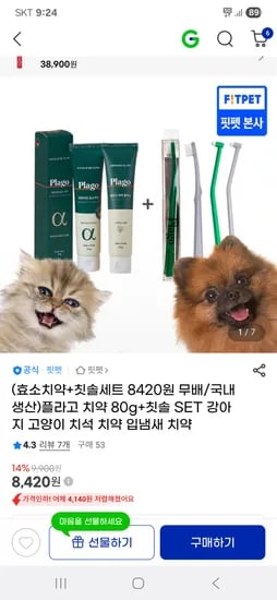 지마켓)핏펫 플라고 치약 80g+칫솔 SET 8420원 무료배송