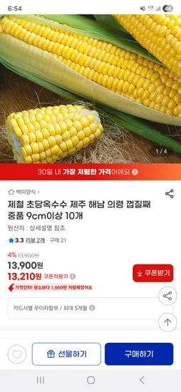 지마켓)제철 초당옥수수 9cm 이상 10개 13,210원