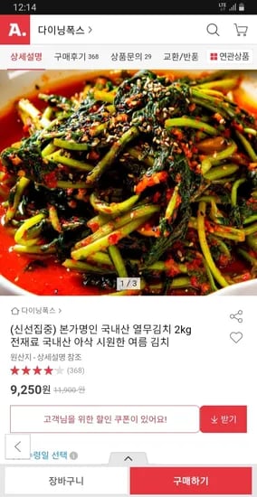 옥션) 국내산 열무김치 2kg 9250원