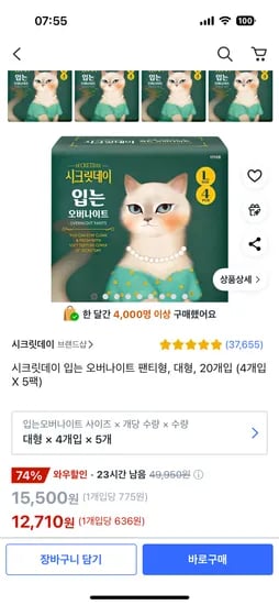 쿠팡)시크릿데이 입는오버나이트 팬티형 대형 20개 12,710원 무배