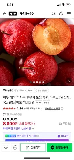 원쁠딜)구리농수산 의성 로얄 대석자두 1kg (20-33과) 8,800원