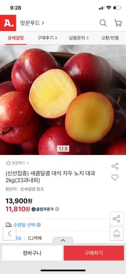 옥션) 새콤달콤 대석 자두 노지 대과 2kg 13,900원