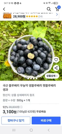쿠팡) 주문취소당함 ㅜ생블루베리 500g