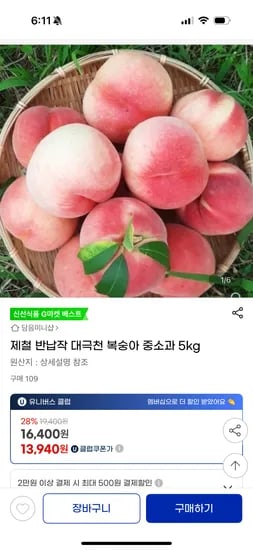 지마켓) 제철 반납작 대극천 복숭아 중소과 5kg 13940원