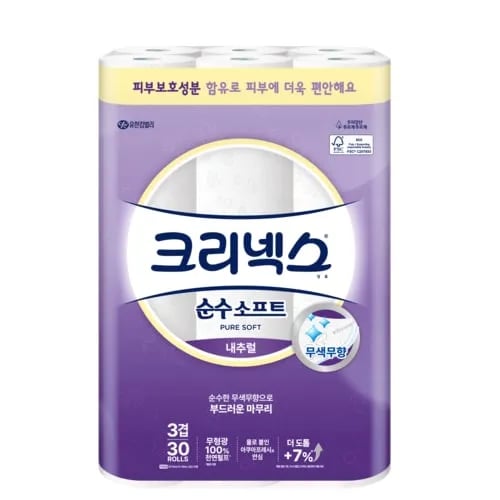 ssg) 크리넥스 3겹 순수소프트 내추럴 30m*30롤 1+1 27,900원(m당 15.5원)