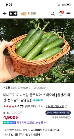 네이버) 과일꾼 전남 담양 미니오이 1kg 4,900원
