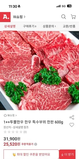 옥션) 1++ 투뿔한우 특수부위 한판 600g 25520원